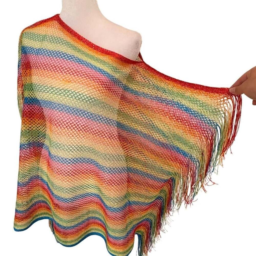 Rainbow Mesh Fringe Poncho Top Multicolor Striped Festival Cover Up Pride